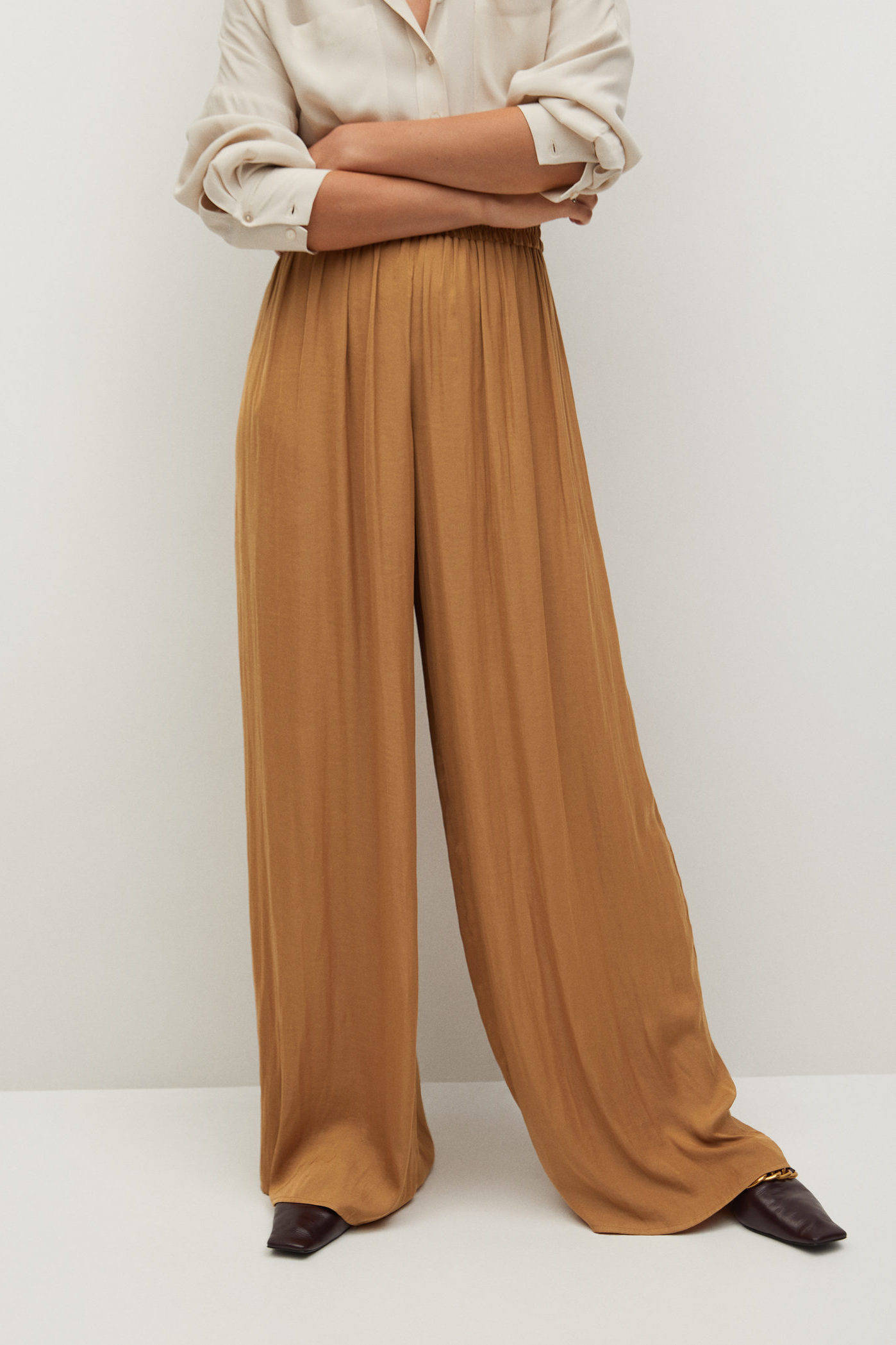 Mango high waist wide leg palazzo broek middenbruin | wehkamp