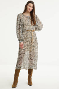 Summum Woman semi-transparante maxi jurk met all over print en ceintuur bruin, Bruin