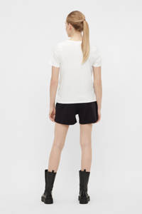 Witte dames OBJECT T-shirt van modal met korte mouwen, ronde hals en knoopdetail