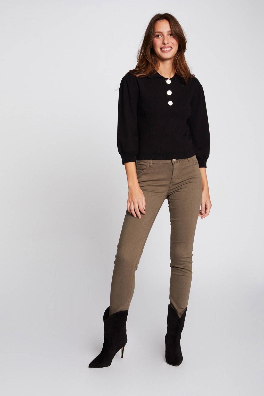 Kakikleurige dames Morgan low waist skinny broek van stretchkatoen met rits- en knoopsluiting en effen
