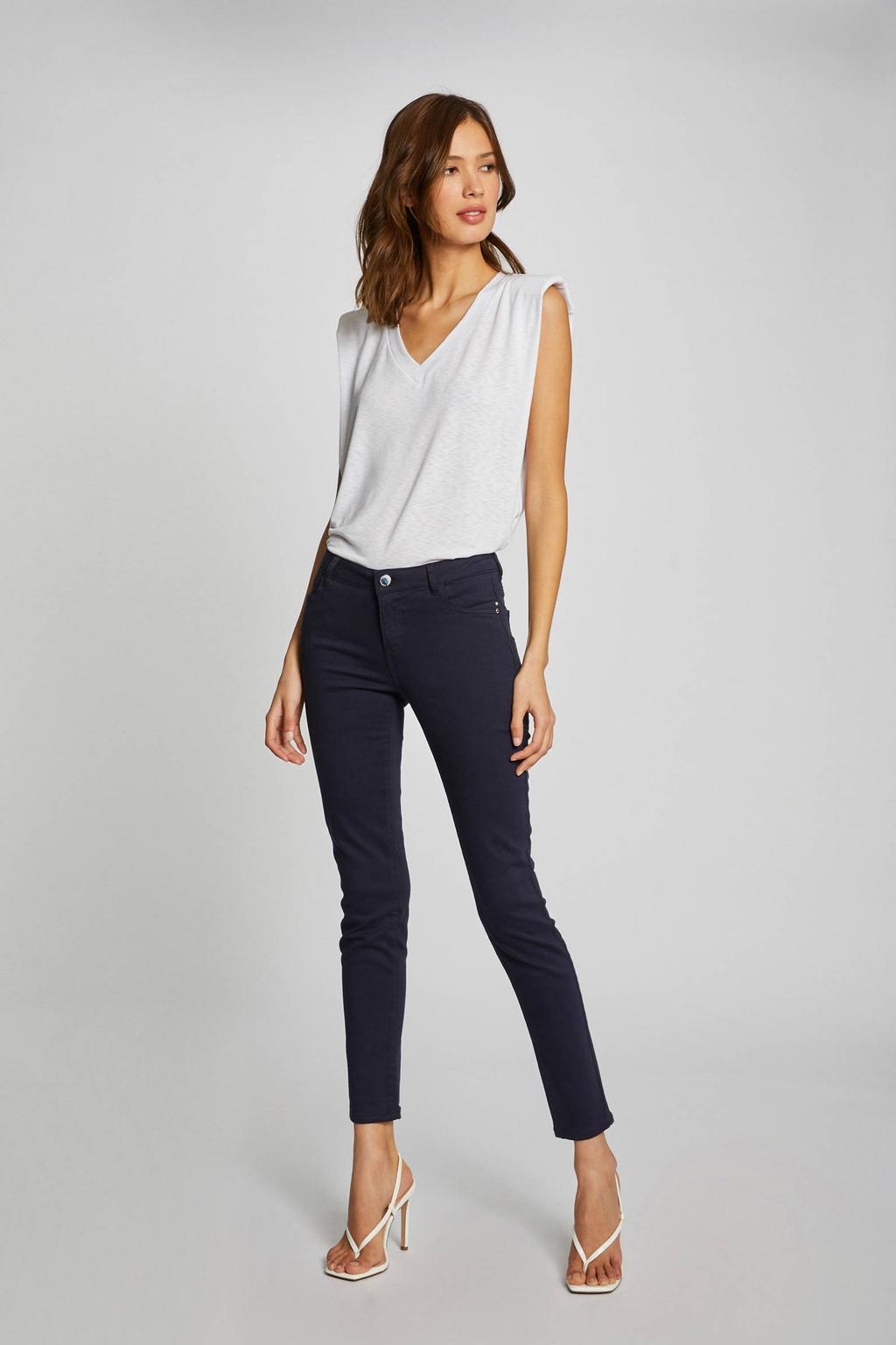 Donkerblauwe dames Morgan low waist skinny broek van stretchkatoen met rits- en knoopsluiting en effen
