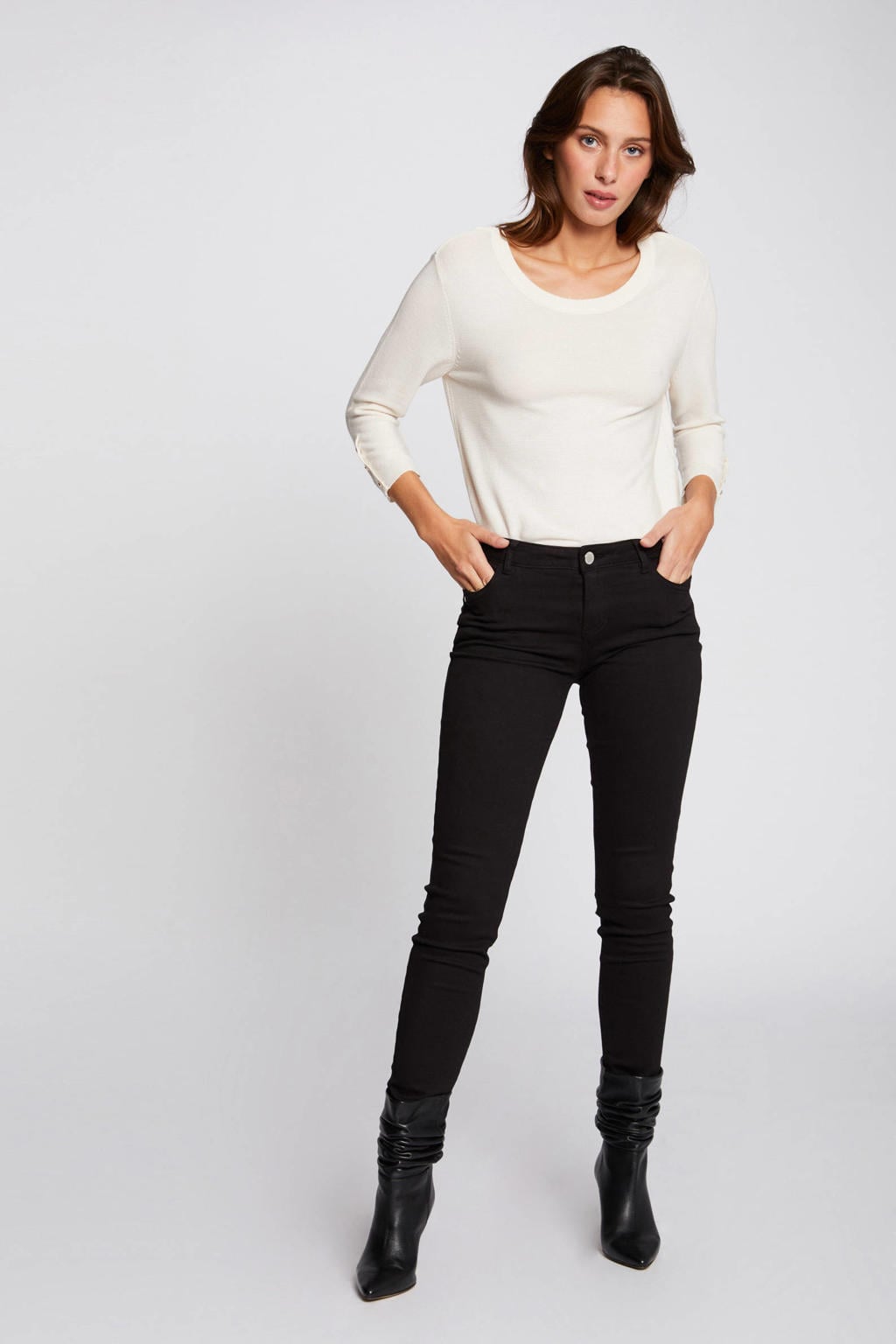Zwarte dames Morgan low waist skinny broek van stretchkatoen met rits- en knoopsluiting en effen