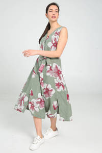 Cassis linnen jurk met bloemenprint kaki/rood, Kaki