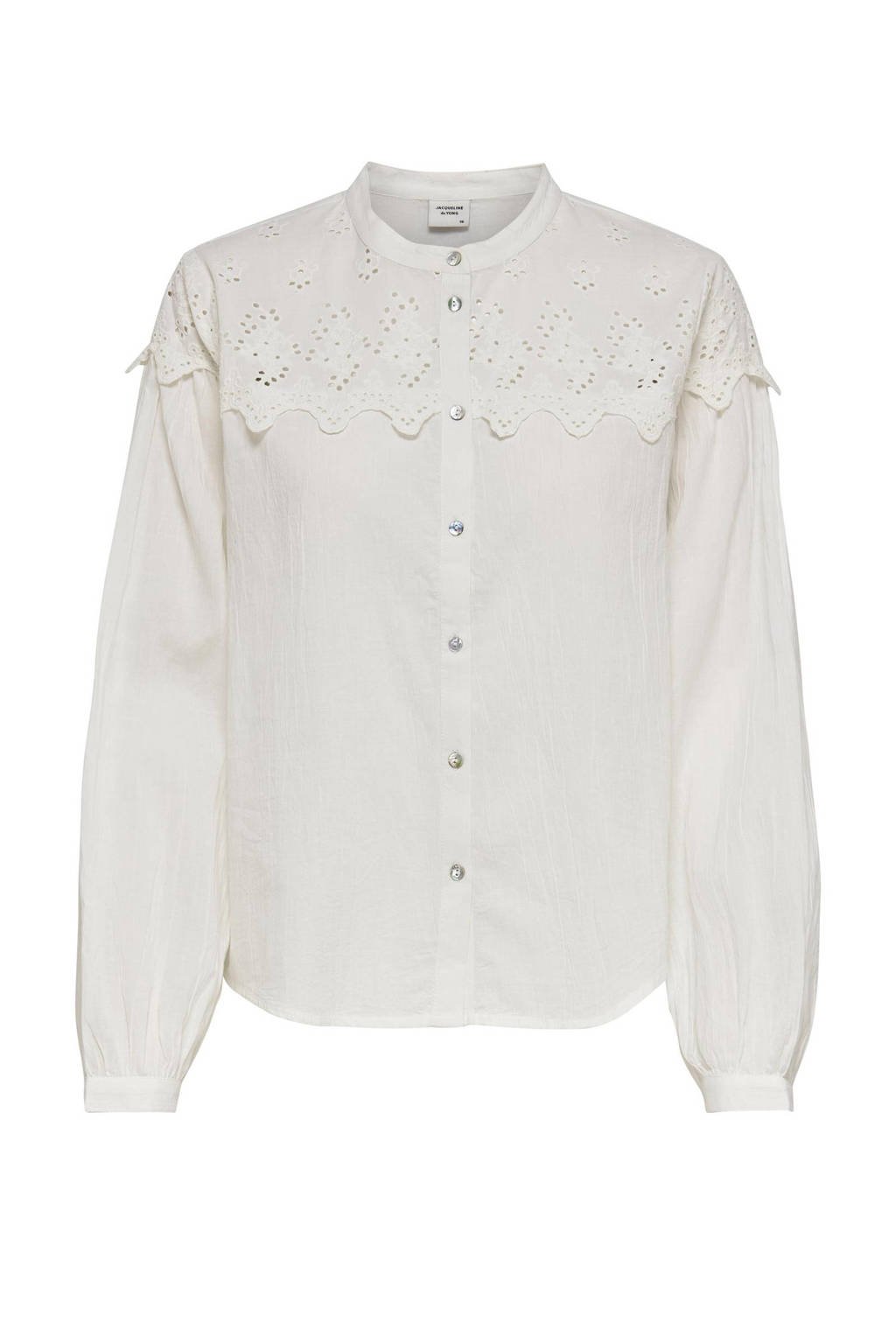 Witte dames JDY blouse van katoen met lange mouwen, mao kraag, knoopsluiting en kant