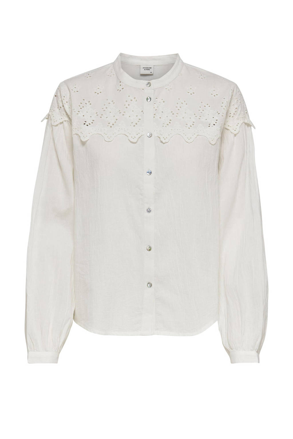 Witte dames JDY blouse van katoen met lange mouwen, mao kraag, knoopsluiting en kant