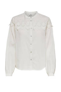 Witte dames JDY blouse van katoen met lange mouwen, mao kraag, knoopsluiting en kant