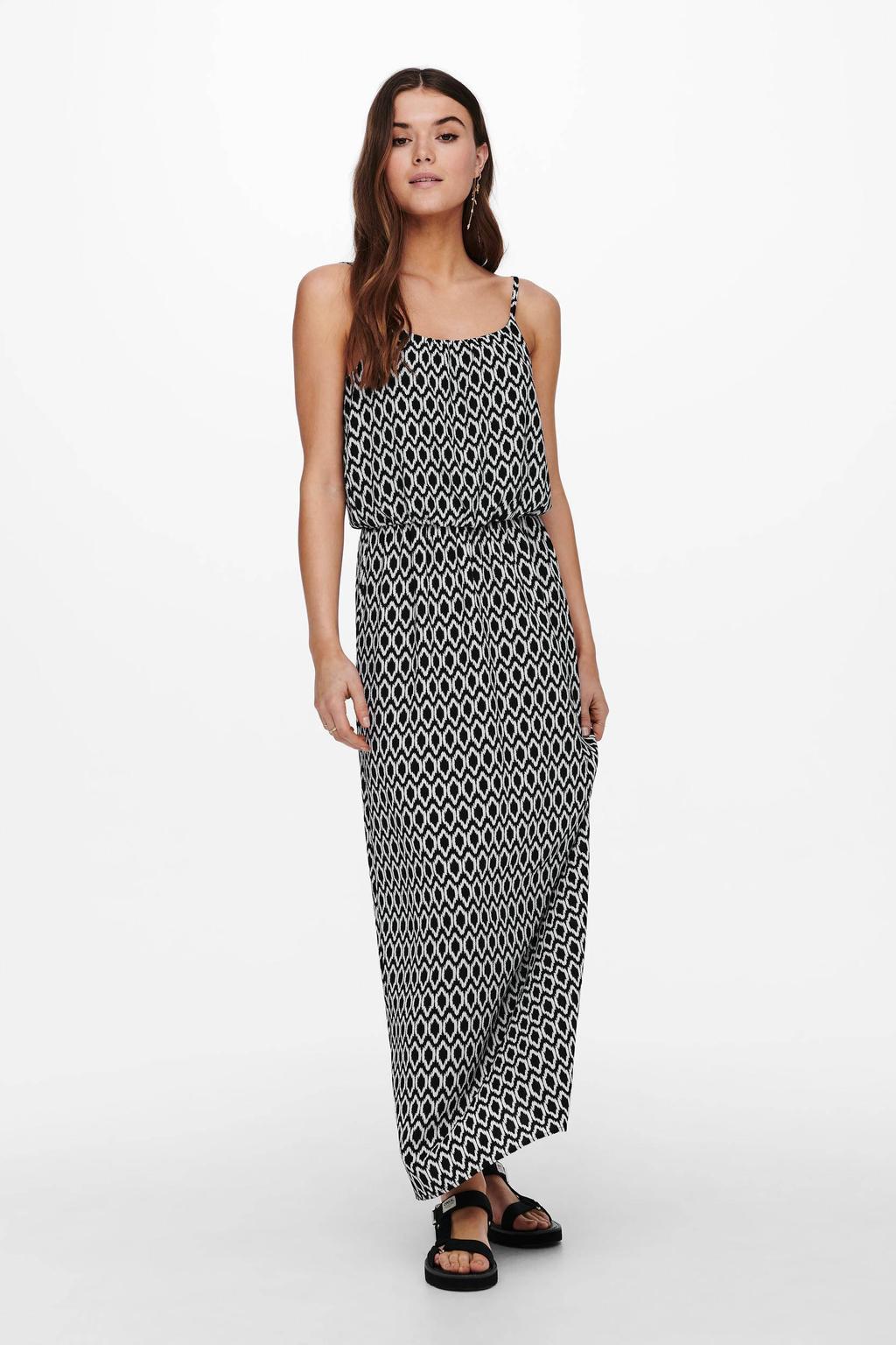 Zwart en witte dames ONLY maxi jurk met plooien met spaghettibandjes en ronde hals