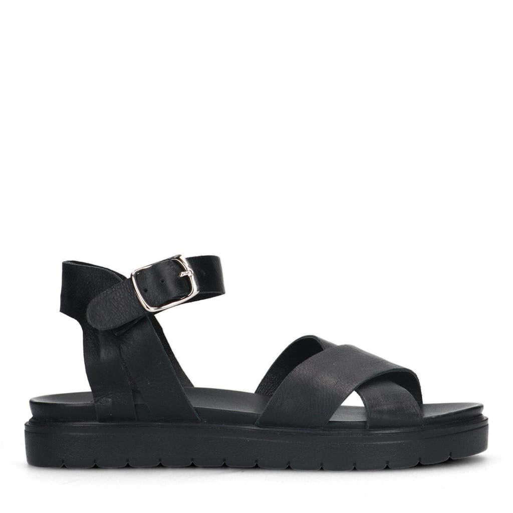 Zwarte dames Manfield leren sandalen met gesp