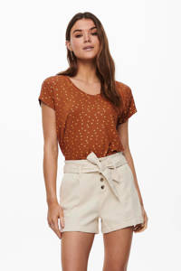 Bruine dames ONLY T-shirt van viscose met stippenprint, korte mouwen en V-hals