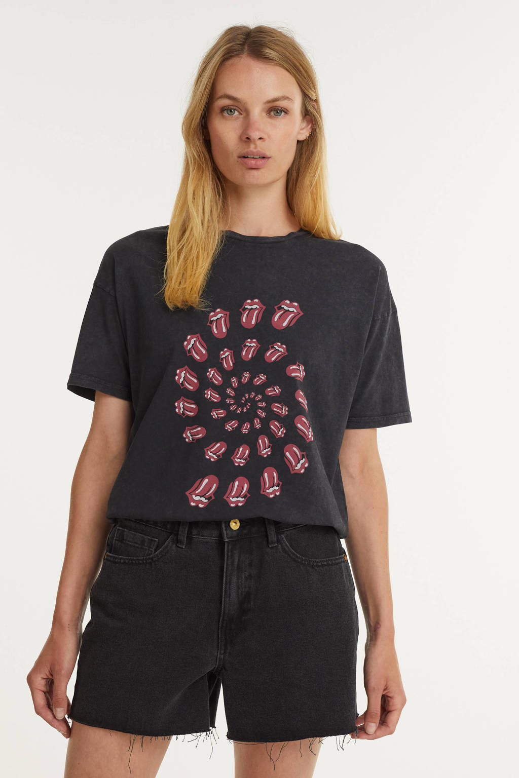 Antraciete dames Catwalk Junkie T-shirt Rolling Stones Twister van biologisch katoen met printopdruk, korte mouwen en ronde hals
