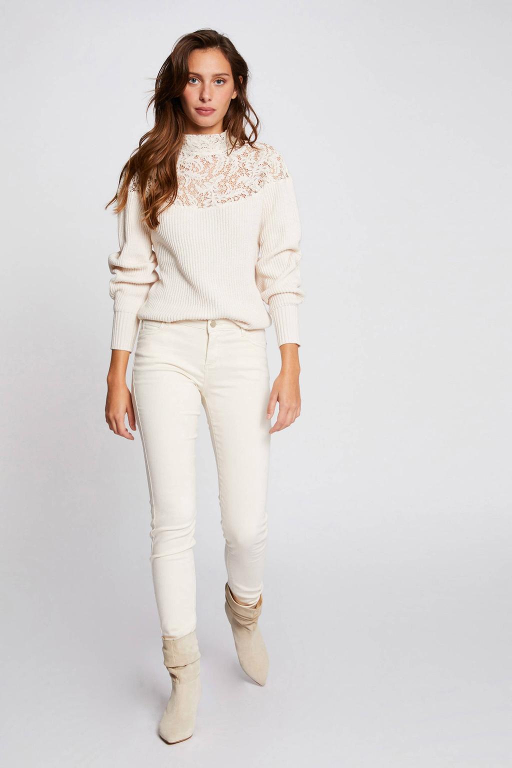 Ecru dames Morgan low waist skinny jeans van denim met rits- en knoopsluiting en effen
