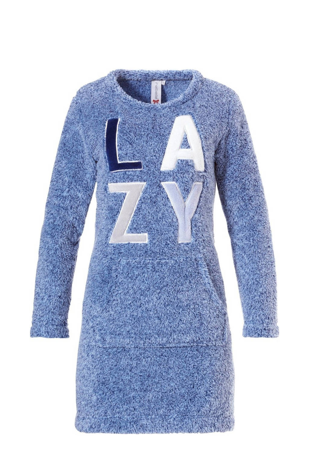 Rebelle fleece loungejurk met applicatie blauw, Blauw