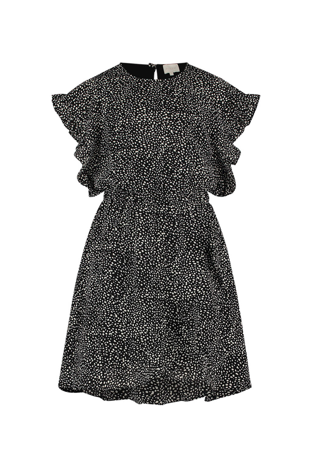 AI&KO jurk Brylee met all over print en ruches zwart/wit, Zwart/wit