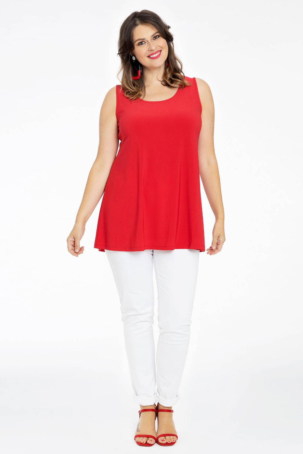 Rode dames Yoek singlet van travelstof met ronde hals