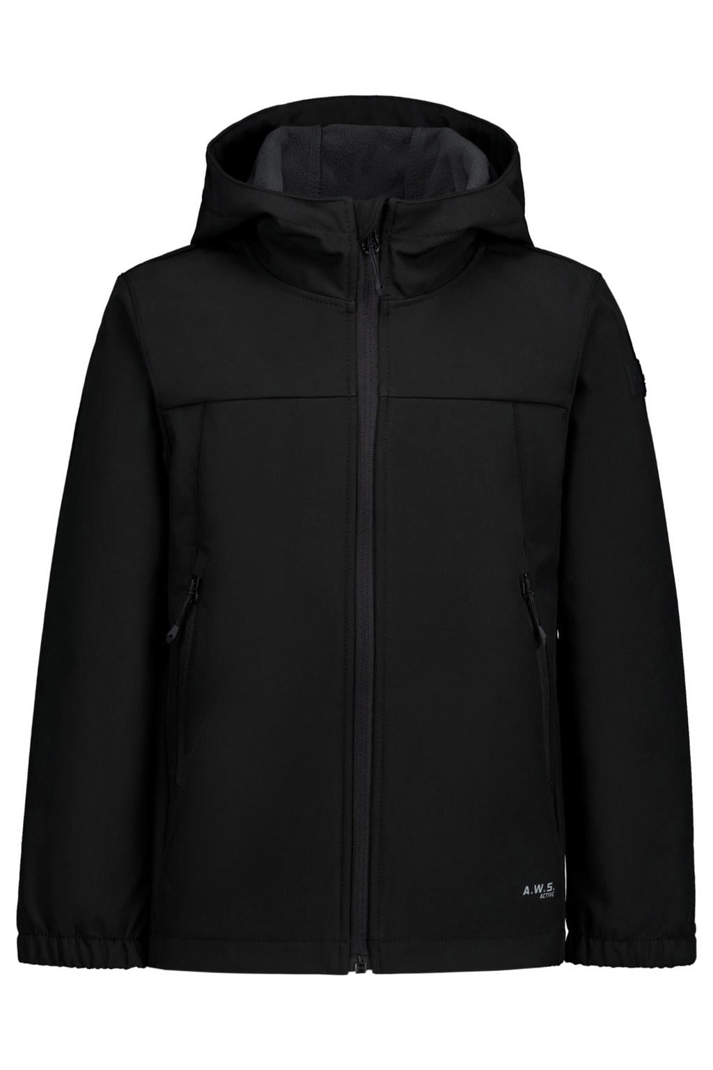 Zwarte jongens Icepeak softshell jas Konan jr met meerkleurige print, lange mouwen en capuchon