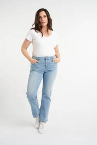 Lichtblauwe dames MS Mode straight fit jeans van stretchdenim met regular waist en rits- en knoopsluiting