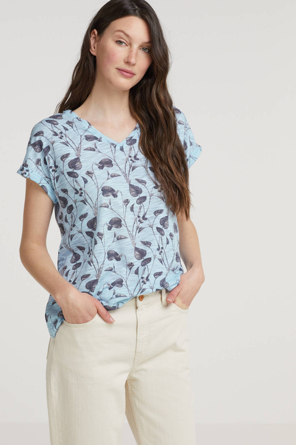 Blauwe dames Fransa T-shirt van polyester met all over print, korte mouwen en ronde hals