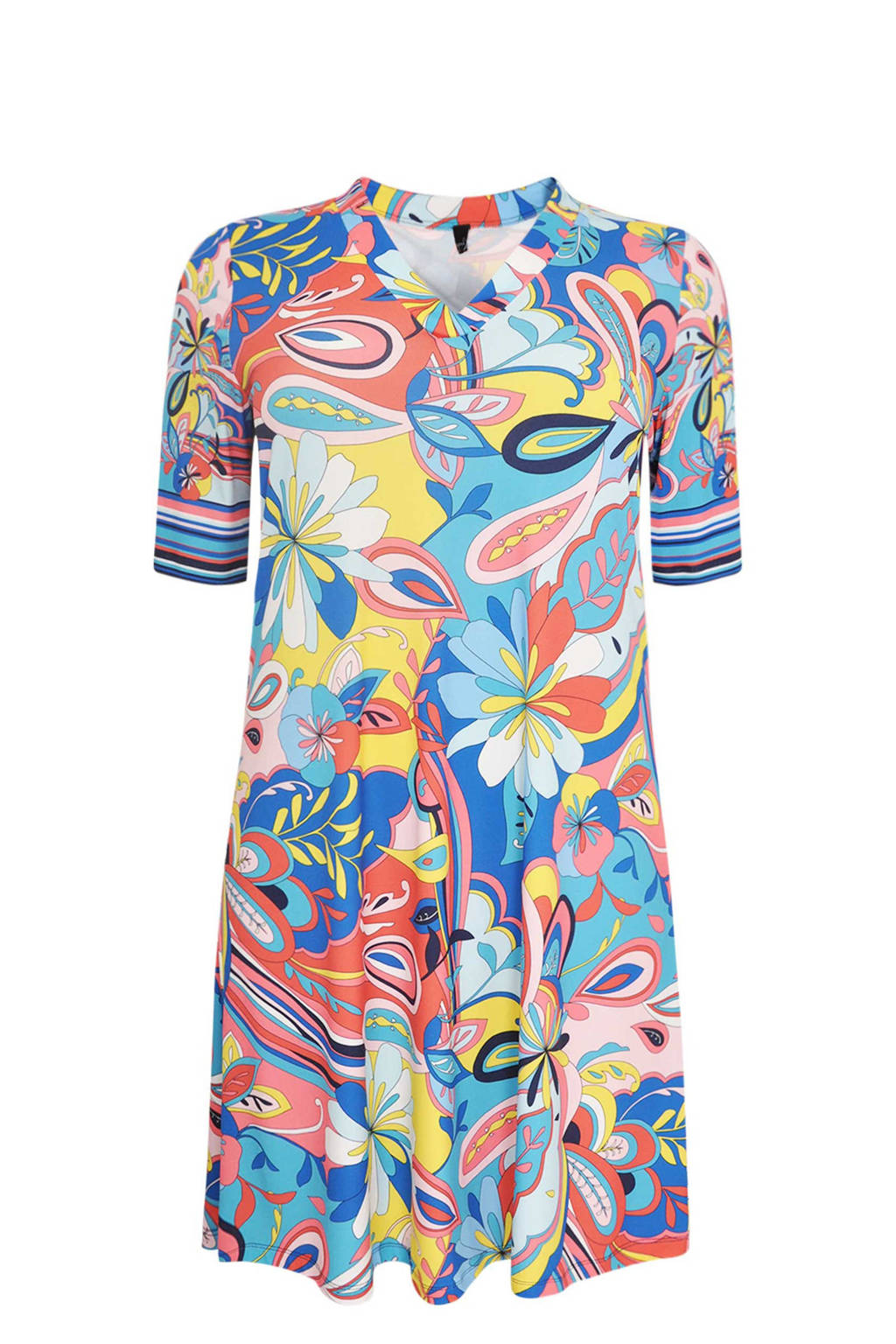 Yoek jurk met all over print lichtblauw/geel/koraalrood