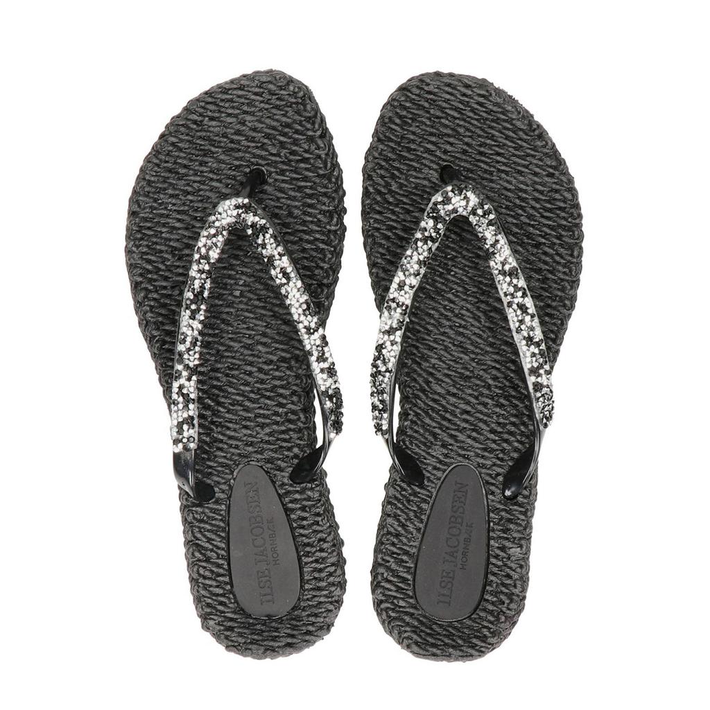Zwarte dames Ilse Jacobsen teenslippers met sierstenen van rubber/voering: rubber