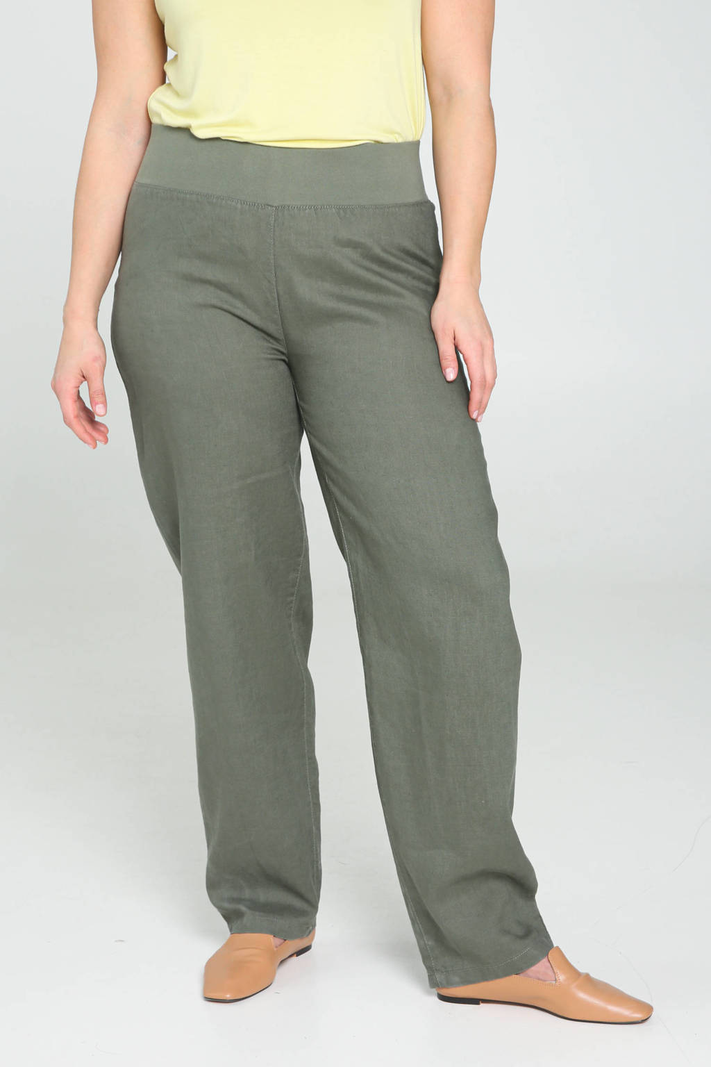 Donkergroene dames Paprika straight fit broek van linnen met regular waist en elastische tailleband