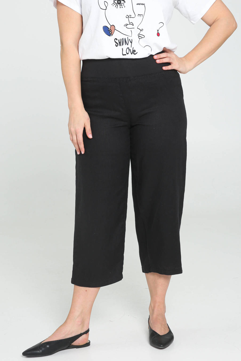 Zwarte dames Paprika straight fit broek van linnen met regular waist en elastische tailleband