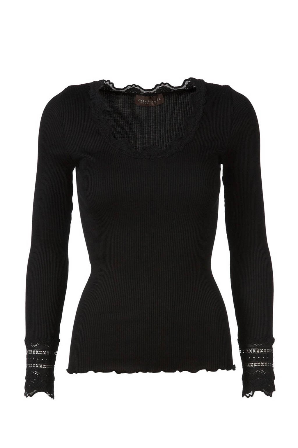 Zwarte dames Rosemunde ribgebreide basic longsleeve van zijde met lange mouwen, ronde hals en kant