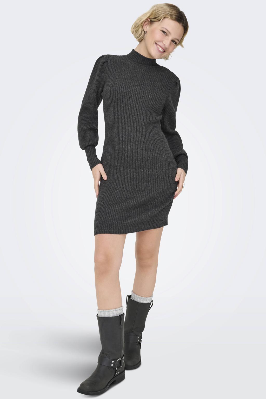 Grijze dames ONLY ribgebreide jurk van viscose met effen, lange mouwen, opstaande kraag en plooien