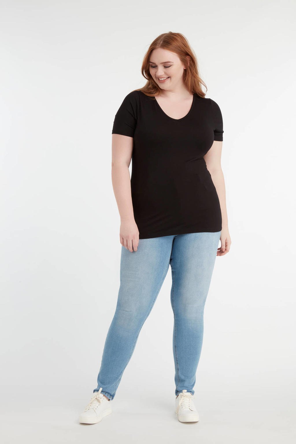Zwarte dames MS Mode T-shirt van viscose met korte mouwen en klassieke kraag