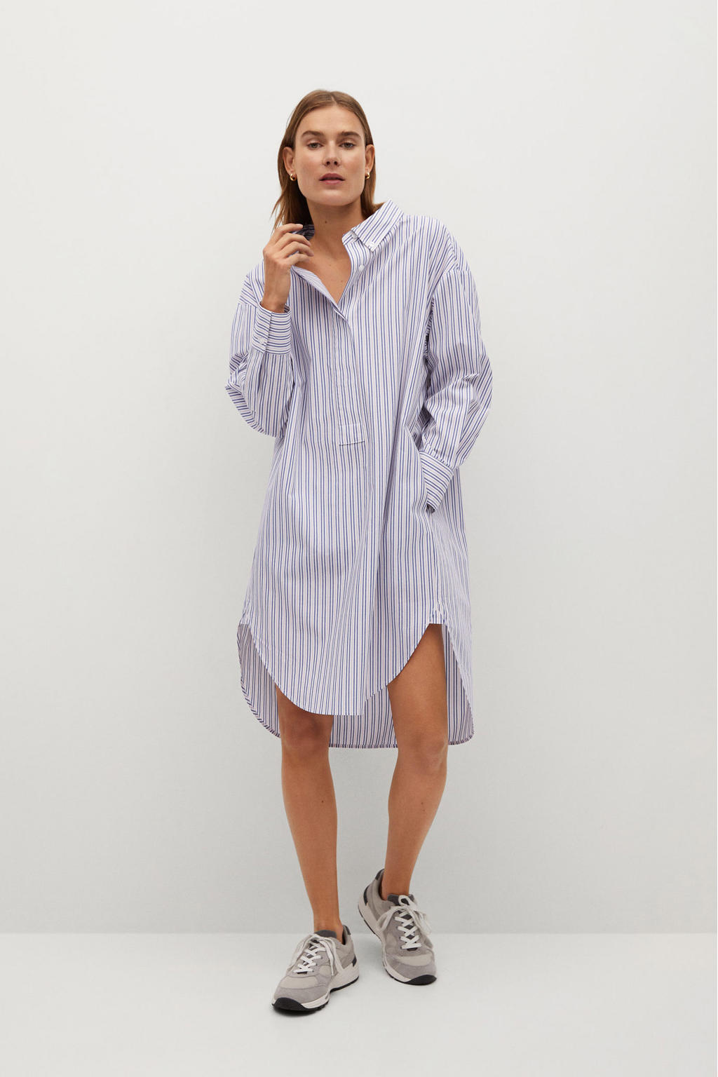 Wit en blauwe dames Mango gestreepte blousejurk van katoen met lange mouwen en klassieke kraag
