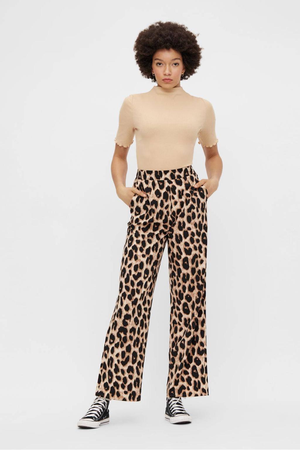 PIECES high waist wide leg pantalon met dierenprint zwart/beige
