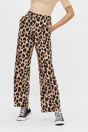 high waist wide leg pantalon met dierenprint zwart/beige