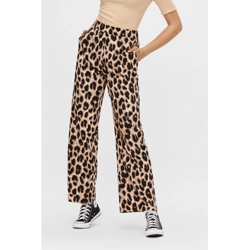 PIECES high waist wide leg pantalon met dierenprint zwart/beige afbeelding