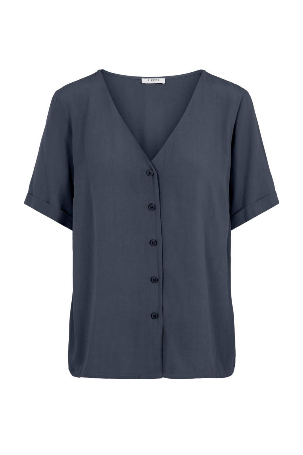 Donkerblauwe dames PIECES top van viscose met korte mouwen, V-hals en knoopsluiting