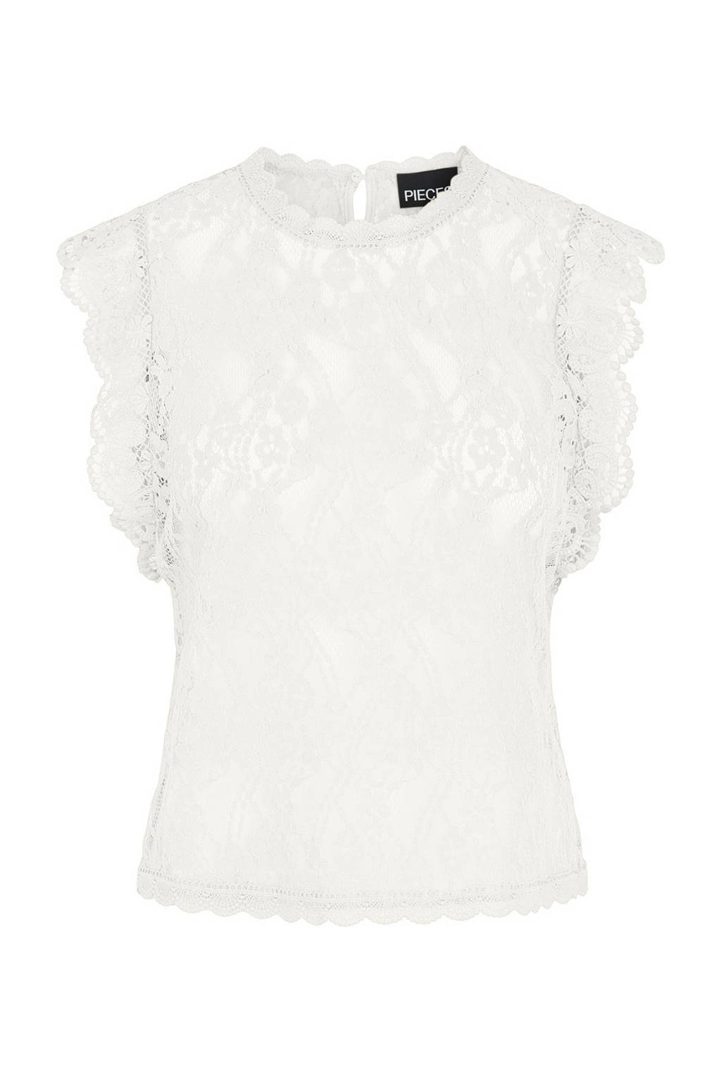 Ecru dames PIECES top van polyamide met kapmouwtjes, opstaande kraag, knoopsluiting en kant