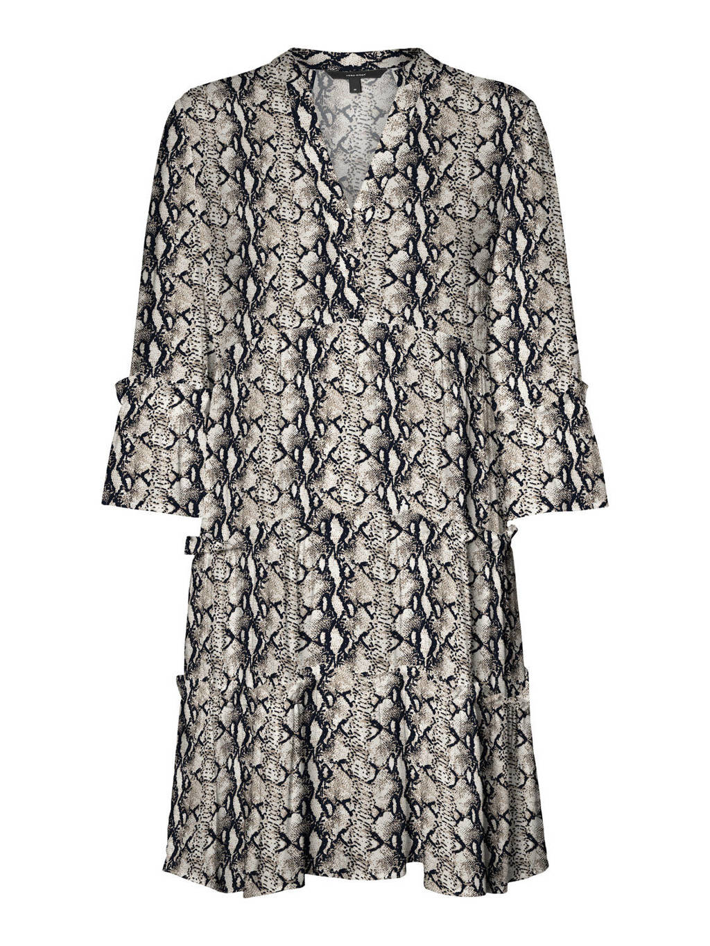 VERO MODA A-lijn jurk VMSIMPLY met all over print en ruches beige/zwart, Beige/zwart