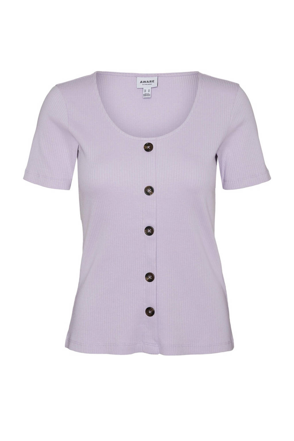 Lilakleurige dames VERO MODA top katoen met korte mouwen, ronde hals en sierknopen