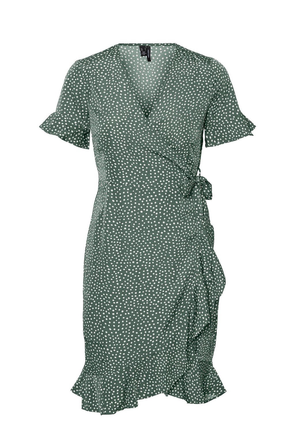 Groene dames VERO MODA wikkeljurk van gerecycled polyester met stippenprint, korte mouwen en V-hals
