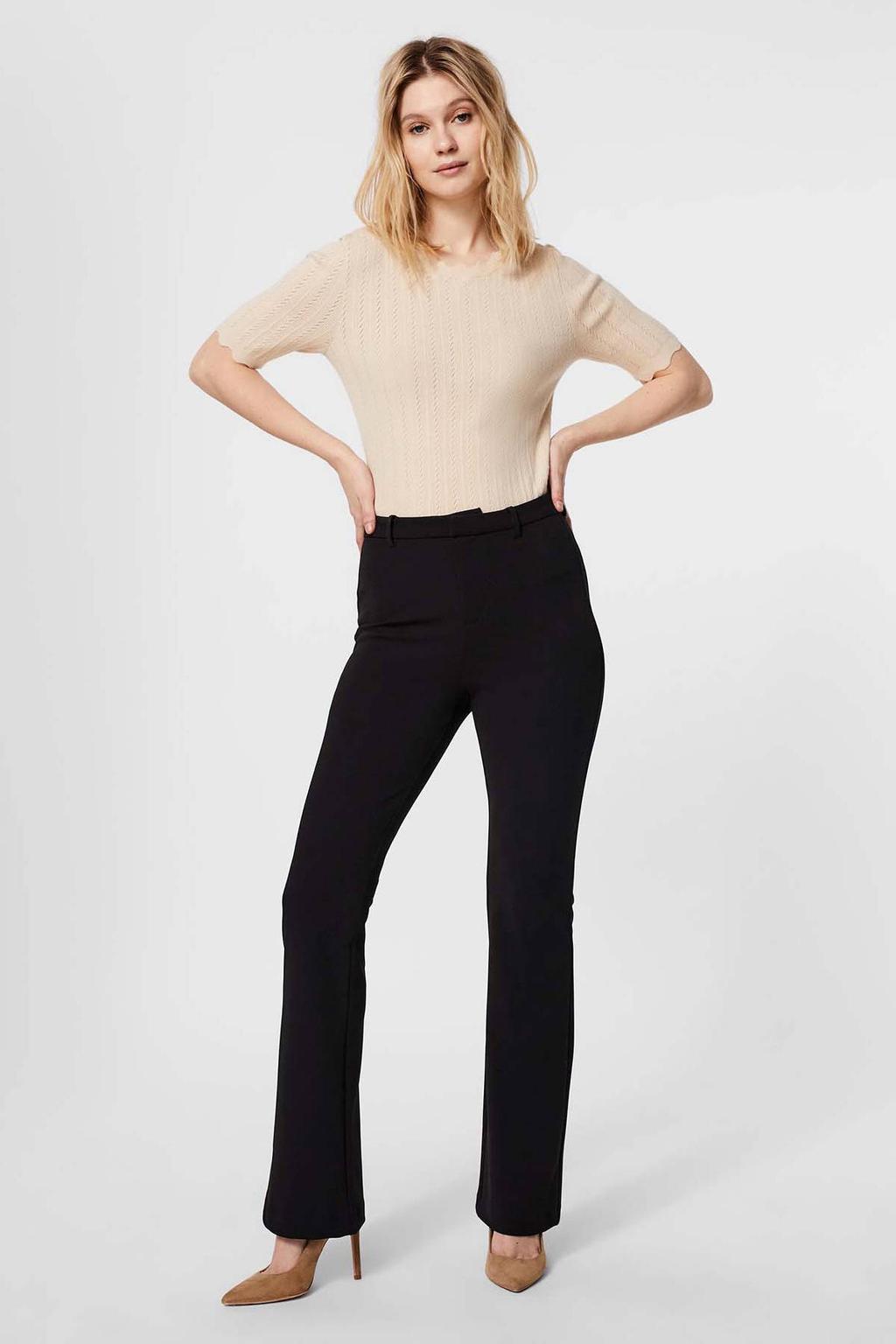 Zwarte dames VERO MODA flared pantalon van gerecycled polyester met regular waist en rits- en haaksluiting