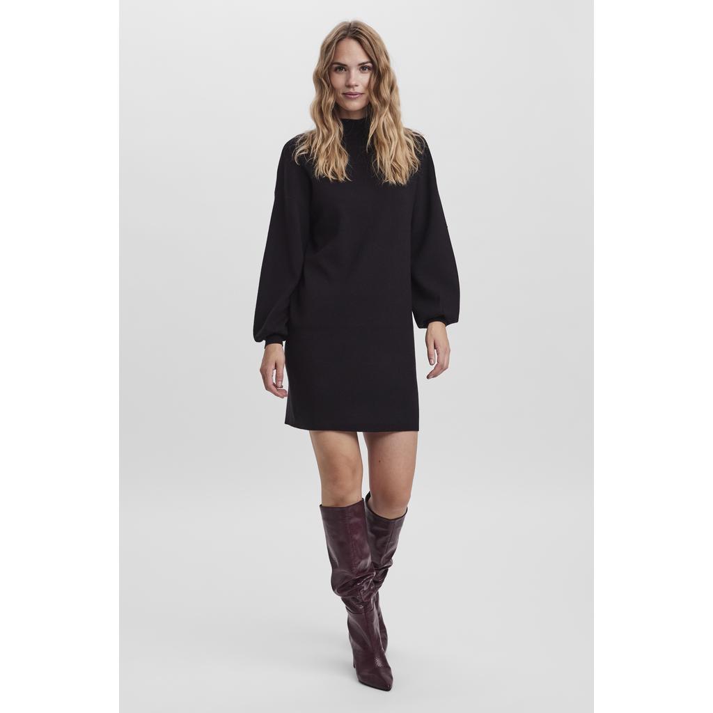 Zwarte dames VERO MODA gebreide jurk van viscose met effen, lange mouwen en ronde hals