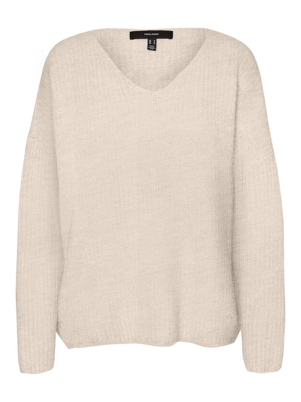 Beige dames VERO MODA gebreide trui van gerecycled polyester met lange mouwen en V-hals