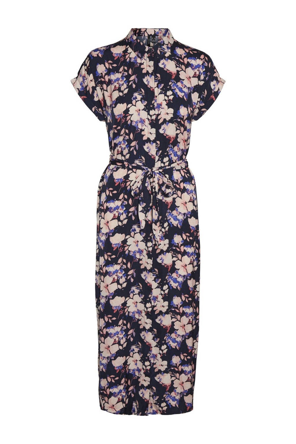 VERO MODA CURVE gebloemde maxi blousejurk VMINES donkerblauw/lichtroze/paarsblauw, Donkerblauw/lichtroze/paarsblauw