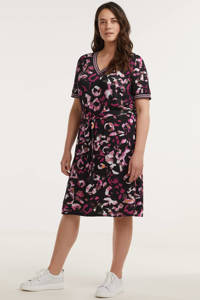 Zwart, roze en multikleurige dames GREAT LOOKS jurk met van viscose met all over print, korte mouwen en V-hals