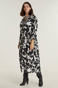Wit en zwarte dames No.1 by OX jurk met volant van viscose met bladprint, driekwart mouwen en klassieke kraag