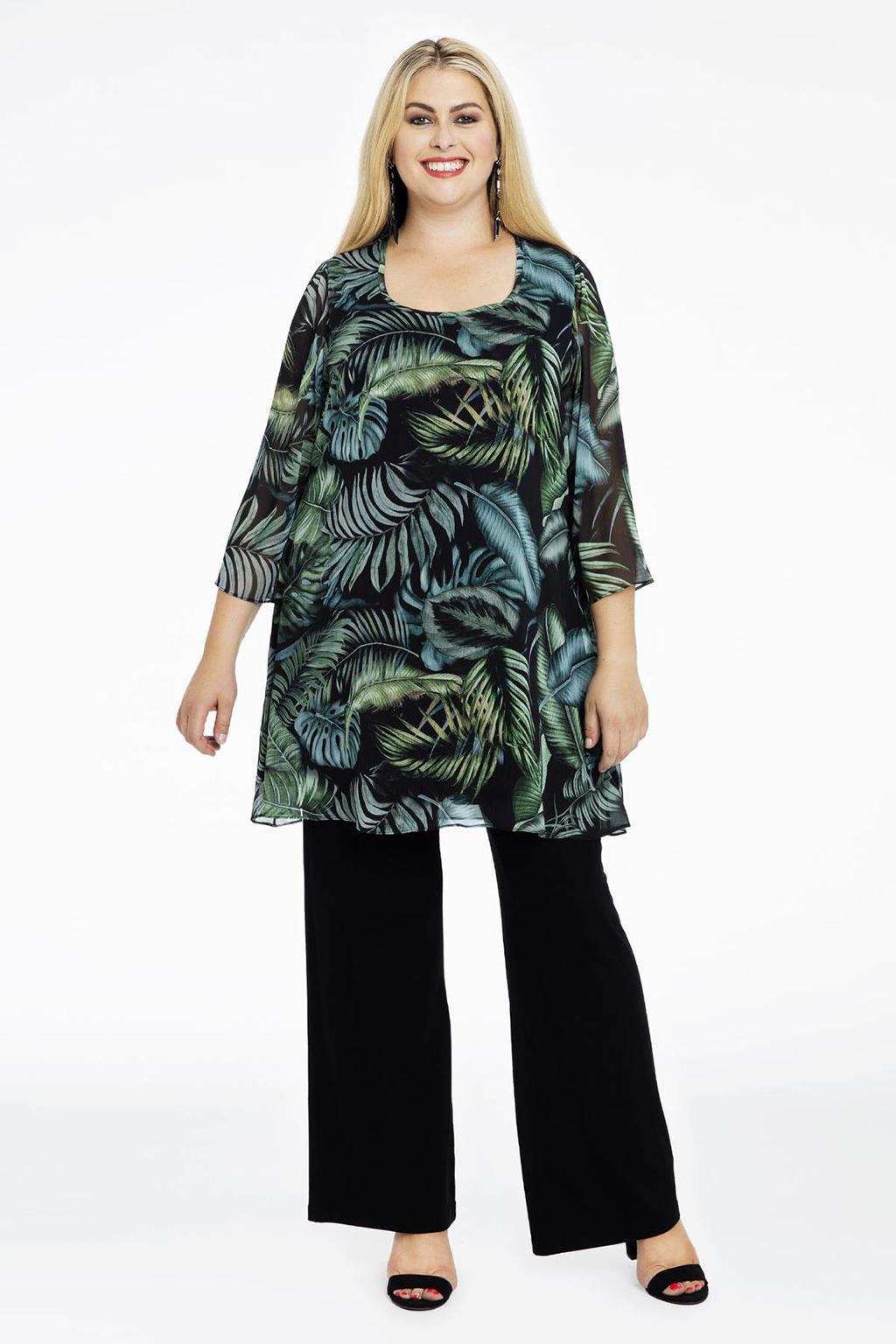 Yoek semi-transparante tuniek met bladprint zwart/groen/blauw