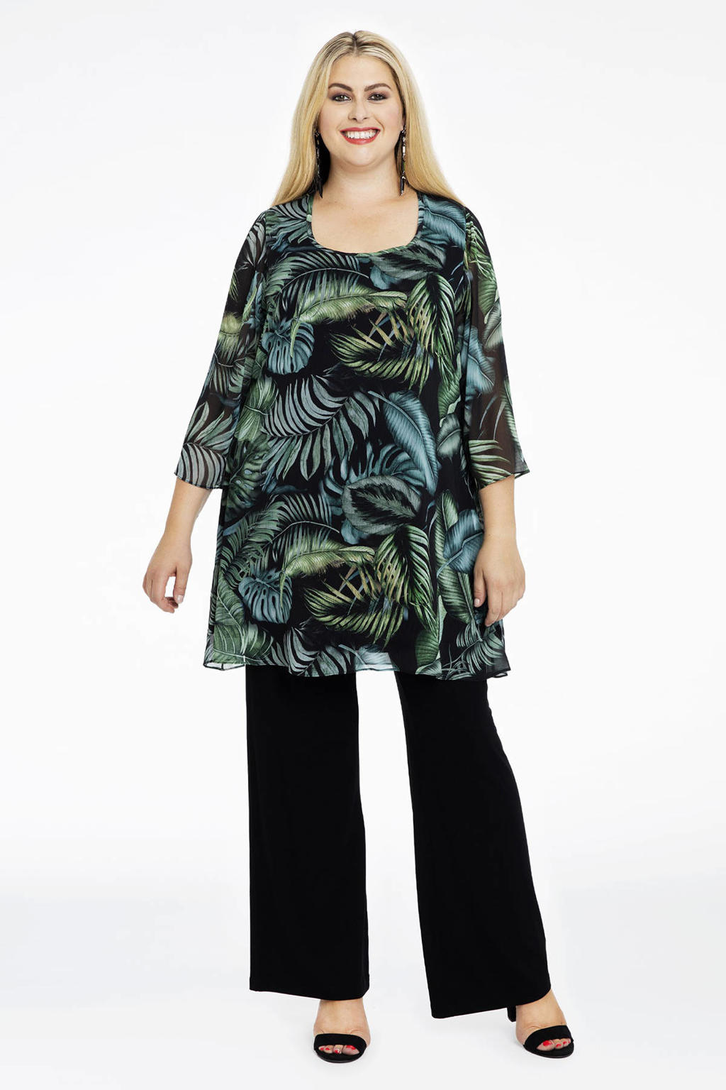 Yoek semi-transparante tuniek met bladprint zwart/groen/blauw Yoek semi-transparante tuniek met bladprint zwart/groen/blauw
