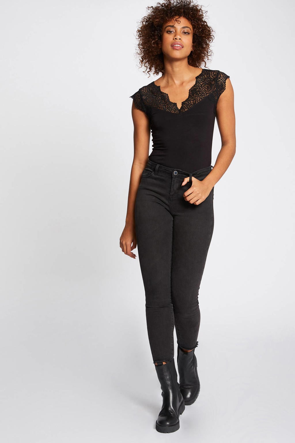 Zwarte dames Morgan T-shirt van viscose met effen, korte mouwen en V-hals