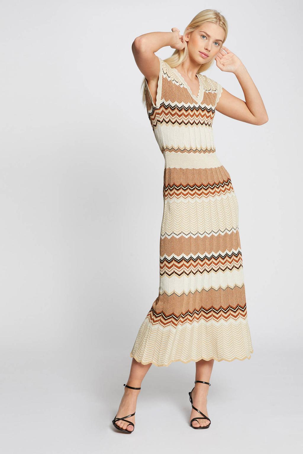 Beige dames Morgan fijngebreide jurk van viscose met grafische print, korte mouwen en V-hals