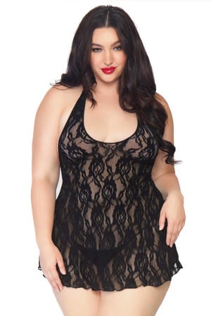 +size kanten halter slipdress met string zwart