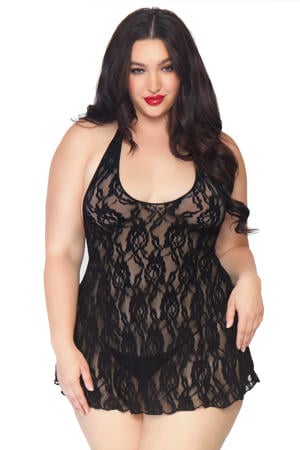 +size kanten halter slipdress met string zwart