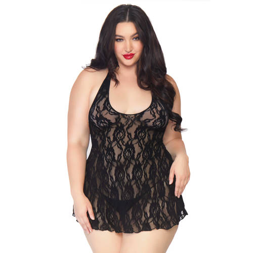 Leg Avenue +size kanten halter slipdress met string zwart afbeelding